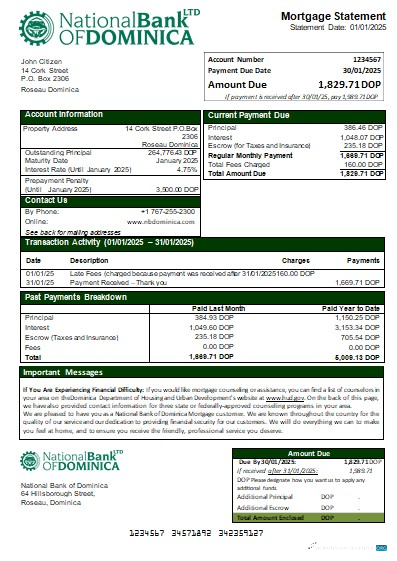 Download Dominica National Bank of Dominica bank mortgage statement scr Photoshop template